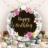 Aperturee - Pink Floral Round Black Happy Birthday Backdrop